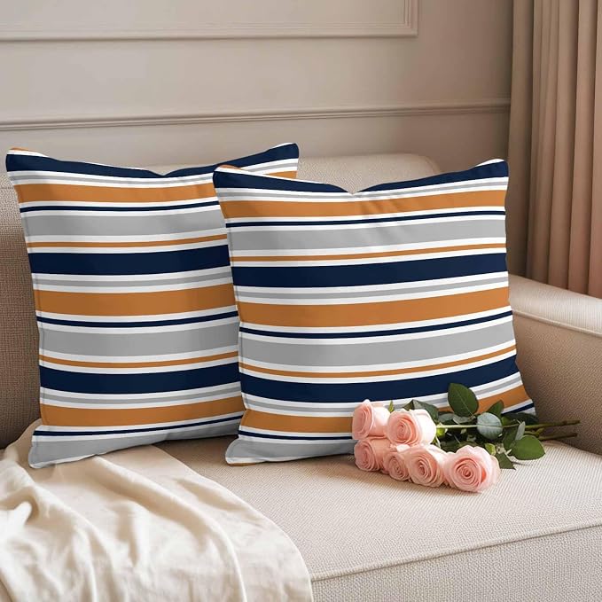 Outdoor Pillow Covers 24 x 24 Inches, Orange Grey Striped Waterproof Throw Pillow Cover Set of 2, Farmhouse Stripes Modern Abstract Art Decorative Square Cushion Covers for Patio/Couch/Garden