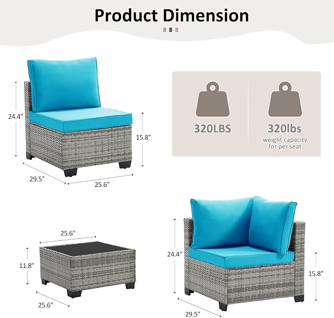 ANJ 5 Piece Outdoor Wicker Patio Furniture Set, Modular Loveseat Sofa with with Glass Top Coffee Table, All-Weather Rattan Conversation Couch Set for Balcony, Backyard, Light Grey Wicker-Turquoise