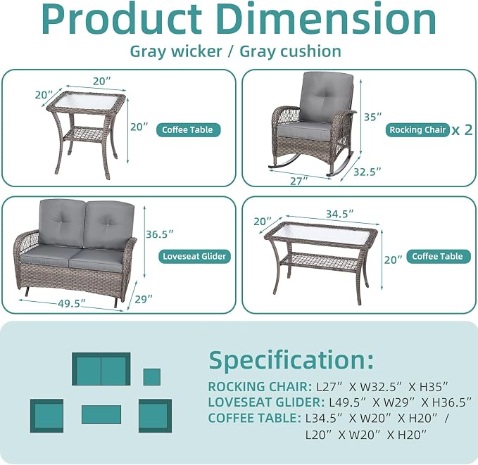 MEETWARM 5-Piece Outdoor Patio Set - Conversation Set with Glider Loveseat, 2 Armchairs & Glass-Top Coffee Table, Thickened Cushions, Gray