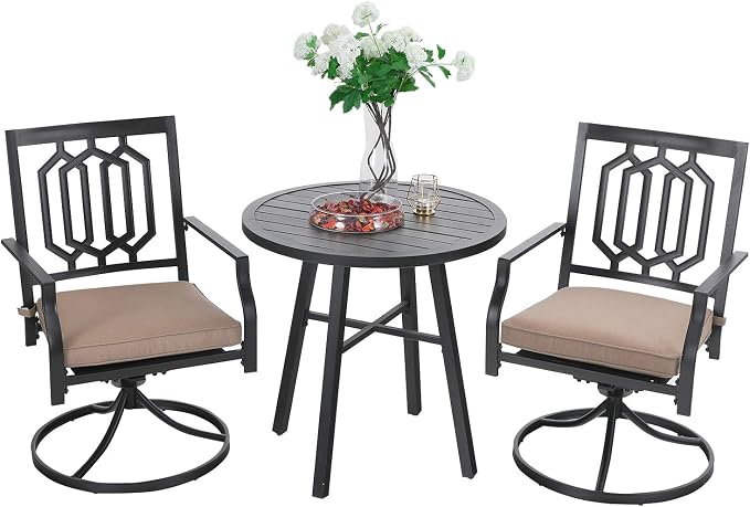 Sophia & William Metal Outdoor Swivel Dining Set Bistro Furniture Set 3 Pieces with 2 x Patio Dining Chairs with Cushion and 1 x Small Round Side Coffee Table for Garden Yard, Black