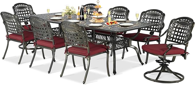 9-Piece Patio Cast Aluminum Dining Set, Outdoor Table and Chairs Set for 8, Includes 94.5" Rectangular Dining Table, 6 Stationary, 2 Swivel Dining Chairs with Umbrella Hole, Red