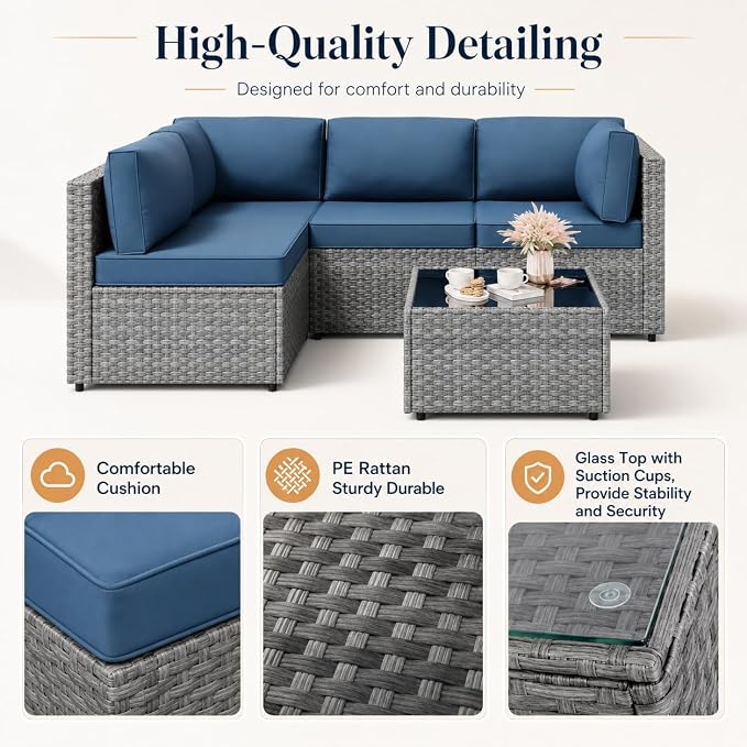 JAMFLY 5-Piece Patio Furniture Set, All-Weather Wicker Outdoor Sectional Sofa with Soft Cushions, Modular Conversation Set for Backyard, Deck, Garden & Poolside(Aegean Blue Cushion)