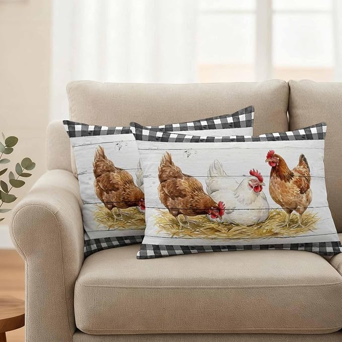 Farmhouse Rooster Outdoor Waterproof Pillow Covers, Farm Chicken Animals Retro Grey Wooden Decorative Rectangle Throw Pillowcase Sofa Cushion Sham for Patio/Couch/Chair, 20"x12" 2 Pack