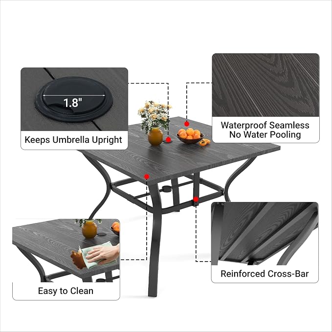 5 Piece Patio Dining Set, Stackable Outdoor Chairs Set of 4 with Textilene Fabric, 37.8" Wood-Grain Square Table with Umbrella Hole for Backyard Lawn Party (1 Table + 4 Chairs) (Black)