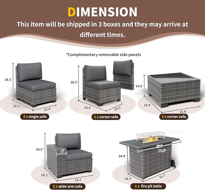 Patio Furniture with Fire Pit Table,8‘’ Wide armrest Outdoor Sectional Rattan Sofa Set, Wicker Patio Furniture Sets w/Coffee Table,Thick Cushions and Cover for Porch, Balcony, 7PC (Grey&Grey)