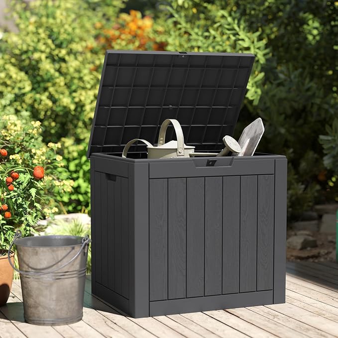 DUMOS 31 Gallon Deck Box, Lockable Outside Storage Box for Outdoor Use, Outside Waterproof Resin Package Delivery Box for Backyard Patio Garden, Striped Black