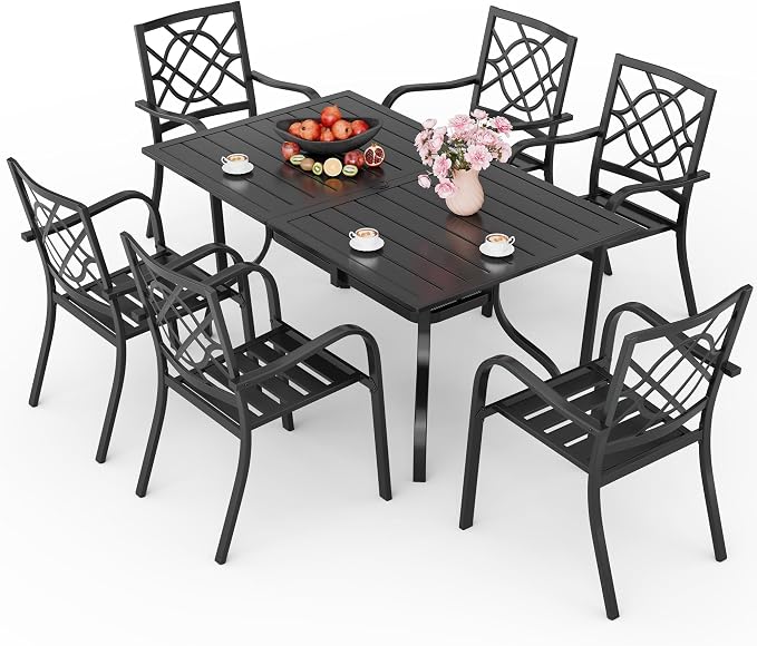 Oakcloud 7-Piece Patio Dining Set, Outdoor Metal Furniture Dining Table Set 6 Stackable Patio Dining Chairs and Rectangle Dining Table with Umbrella Hole, Black