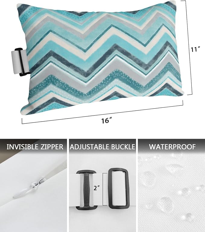 Outdoor Pillows Covers with Inserts Northern Europe Blue Geometric Wave Stripes Waterproof Recliner Pillow with Adjustable Strap Throw Pillows for Patio Furniture Pool Lounge Chair, 11x16 inch, 2PCS