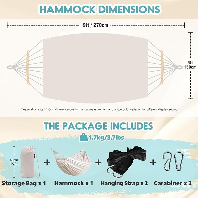 ANYOO Portable Camping Hammock Cotton Hammocks with Spreader Bar Outdoor | Sturdy Lightweight Hammocks Up to 450lbs with Carry Bag