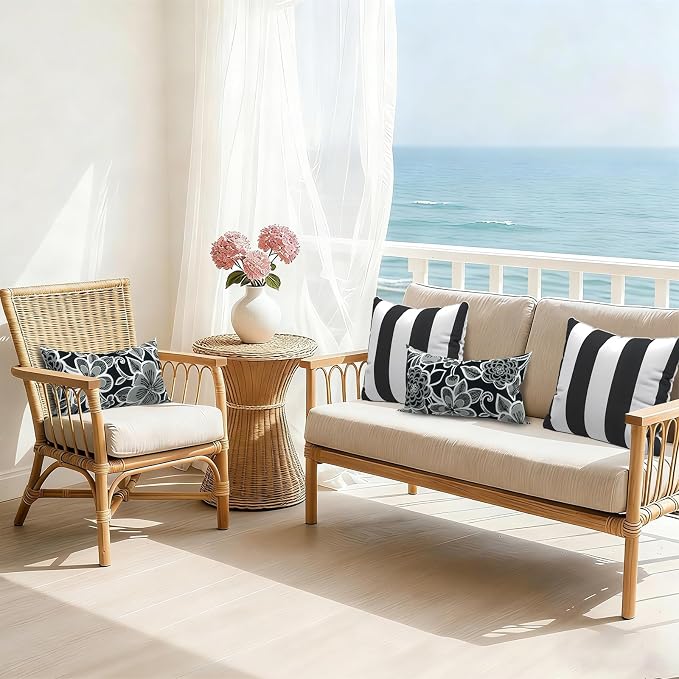 Outdoor Lumbar Pillows, Water Repellent Cushion Pillows 12x20 Inch, Outdoor Pillows with Inserts for Home Garden, Pack of 2, Flower Black