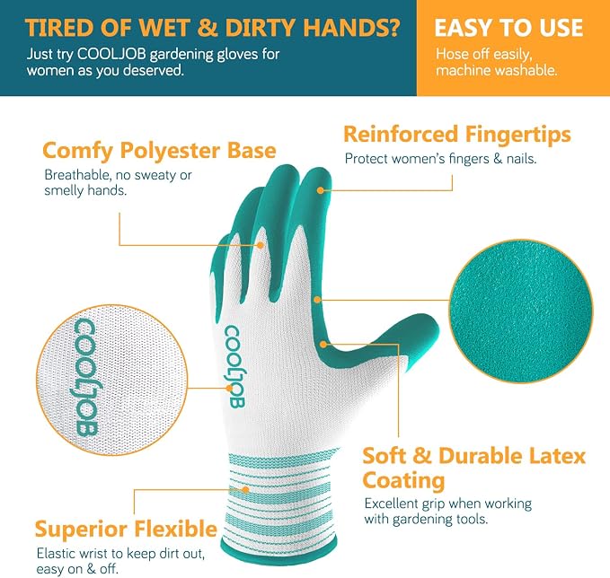 COOLJOB 6 Pairs Gardening Gloves for Women Ladies, Breathable Rubber Coated for Yard Garden, Outdoor Indoor Protective Work with Grip, Medium Size, Red & Green | Red & Blue, Textured Latex Palm, Breathable Polyester Liner, Flexible Fit, Machine Washabl...