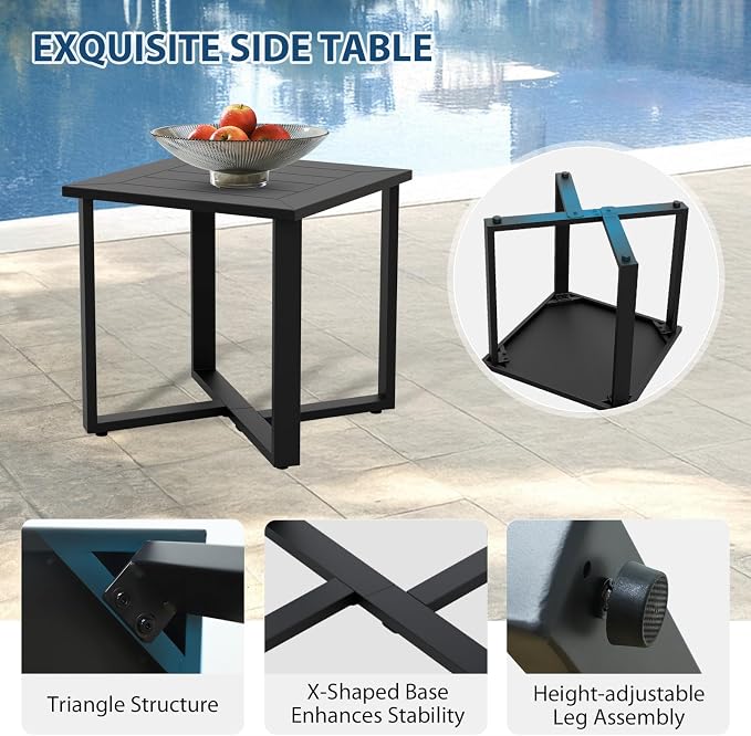 COOS BAY Iron Luxe 7 Piece Outdoor Patio Furniture Set, Modern Patio Conversation Set with 4 Swivel Rocking Chairs, a 3 Seat Couch, Coffee Table & Side Table for Deck, Garden, Porch, Black/Beige