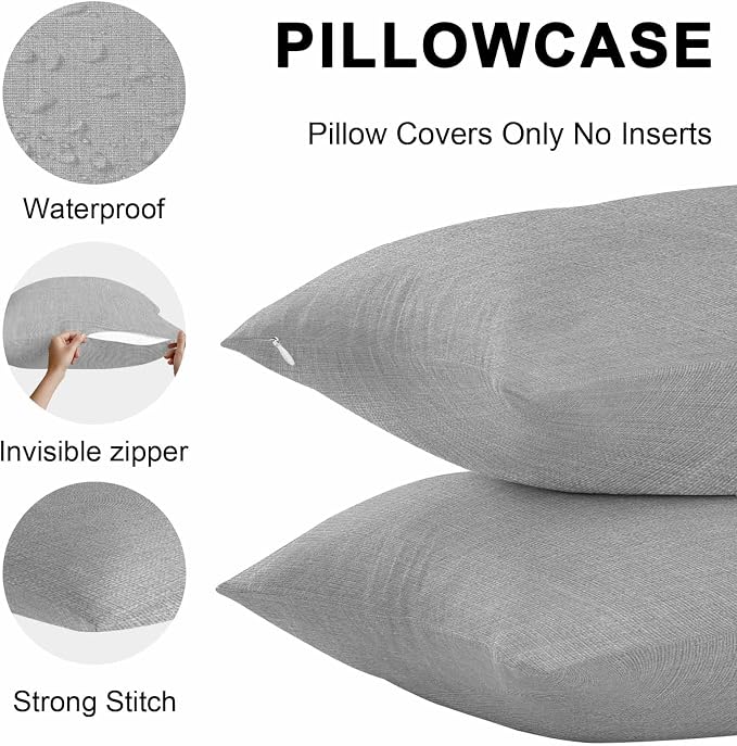 Pack of 2 Waterproof Outdoor Pillow Covers 18x18 Inch Decorative Pillow Covers Grey Burlap Texture Throw Pillowcases Farmhouse Vintage Gray Outdoor Cushion Cover for Couch, Patio, Tent