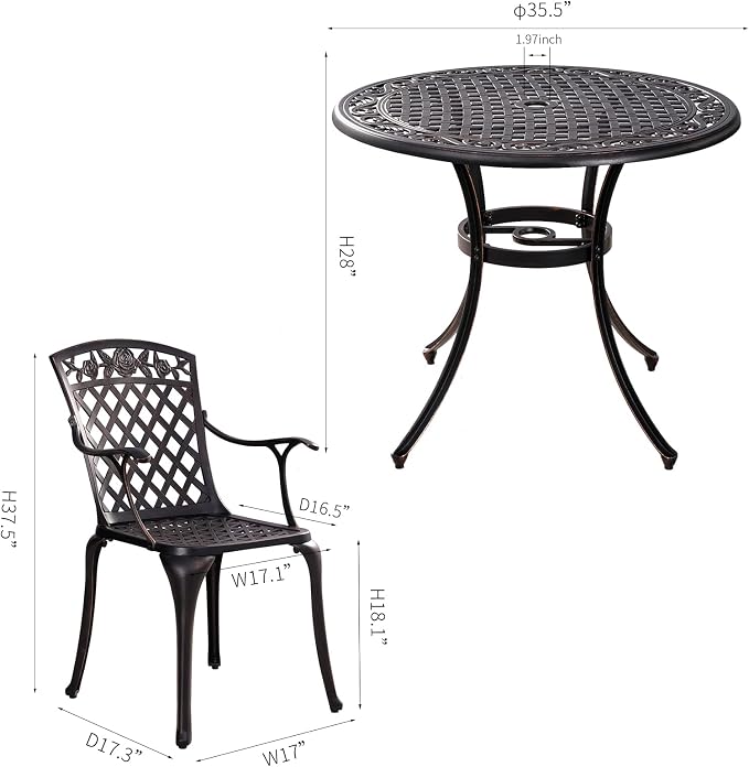 5 Pieces Outdoor Patio Dining Set, 36" Metal Outdoor Dining Set with 1.97" Umbrella Hole, Anti Rust Patio Furniture Set with 4 Chairs and Round Table for Garden, Porch and Poolside, Bronze
