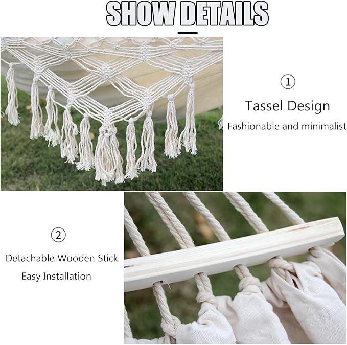 Handmade Cotton Woven Hammock, Balcony Hanging Rope Swing with Tassels, Portable Camping Double Boho Canvas Hammocks for Indoor Outdoor Patio Yard Garden(200x150cm/78.7x59in, Beige)
