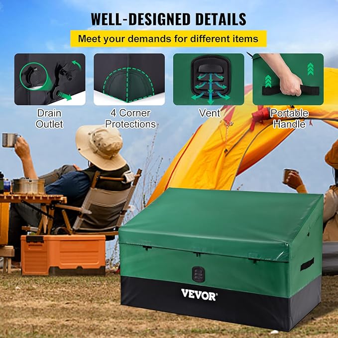 VEVOR Outdoor Storage Box, 100 Gallon Waterproof PE Tarpaulin Deck Box w/Galvanized Frame, All-Weather Protection & Portable, for Camping, Garden, Poolside, and Yard, Black & Green