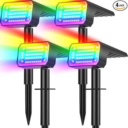 Solar Color Changing Spot Lights Outdoor, 4 Pack Solar Landscape Lights with 32 LEDs Each, 7 Lighting Modes, IP65 Waterproof, 2-in-1 Adjustable Solar Spotlights for Yard Garden Pathway Driveway