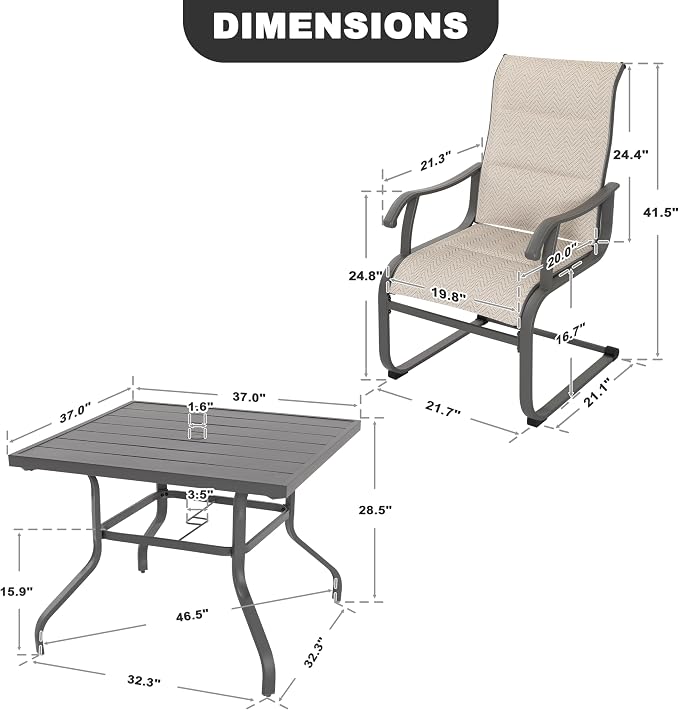 NUU GARDEN 5 Piece Outdoor Patio Dining Set, 37" Table with Umbrella Hole and 4 Textilene Dining Chairs, Patio Furniture for Porch Poolside Garden, Beige