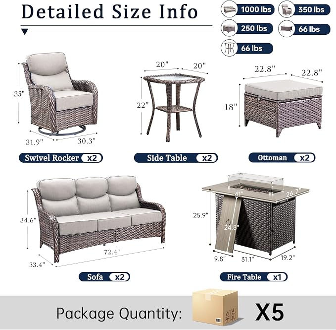 Luxury 6" Thick Cushion 9 Pieces Wicker Patio Furniture Set with 41”Fire Table, Outdoor Conversation Set with Patio Couch and Swivel Rocker Chairs for Deck Porch Yard and Poolside