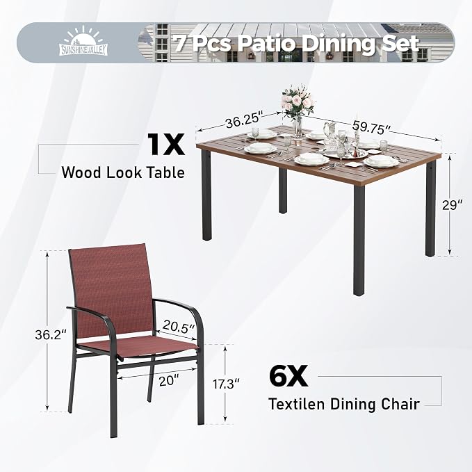 SUNSHINE VALLEY Patio Dining Set for 6, Rectangular Wood-Like Metal Table with Umbrella Hole and 6 Dining Chairs, Outdoor Table and Chairs for Lawn Garden Backyard and Deck, Red