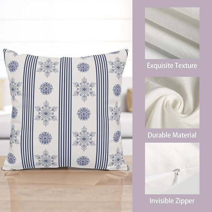 Winter Pillow Covers Blue and White Porcelain Blue Snowflakes Striped Throw Pillow Covers Navy Blue Floral Pillowcase 24x24 Set of 2 Neutral Cushion Case for Couch Sofa