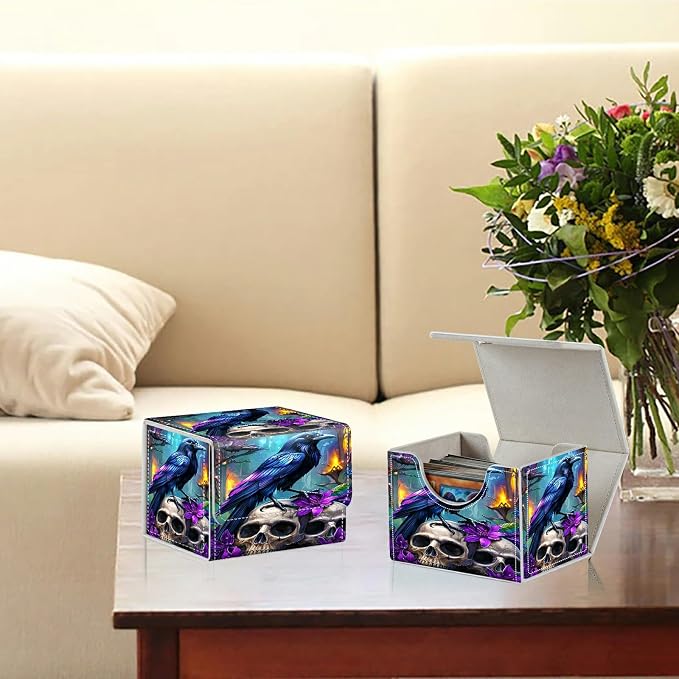 Card Deck Box for MTG, Cards Storage Box Fits 120+ Sleeved, Leather Small Size Strong Magnetic Closing Card Case for Board Games Magic TCG CCG Baseball Collection, Purple Flower Eagle