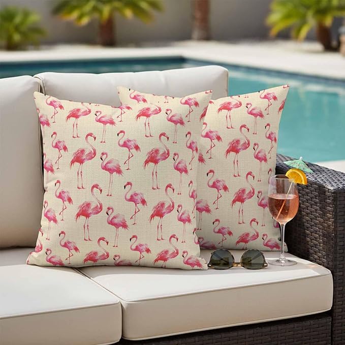 Pink Flamingo Outdoor Pillow Covers 24x24 Inch Throw Pillow Covers Set of 2 Waterproof Decorative Pillow Cases Summer Animals Rustic Cushion Covers for Patio Furniture Garden Couch Sofa