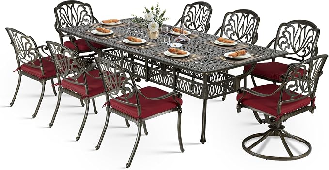 VIVIJASON 9-Piece Outdoor Dining Set, Cast Aluminum Patio Furniture Table & Chairs Set for 8, Include 94.5" Rectangular Table, 2 Swivel Rockers, 6 Stationary Chairs, Umbrella Hole, Red Cushion