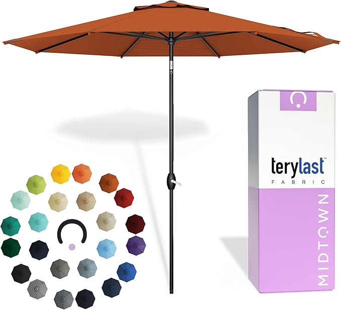 Midtown Umbrellas - 10-Year-No-Fade 9 Ft Patio Umbrella with Terylast Fabric, Auto-Tilt Aluminum Frame and 8 Reinforced Ribs for Deck, Pool, Garden & Beach - Dark Orange Canopy, Black Pole