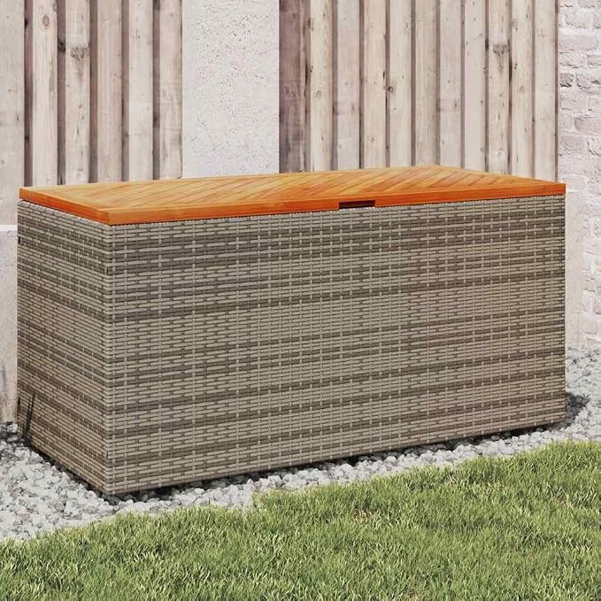 Outdoor Garden Storage Box with Seat, Weather-Resistant PE Rattan Deck Box for Patio, Backyard, and Balcony, Rectangular Container for Cushions and Tools, Grey