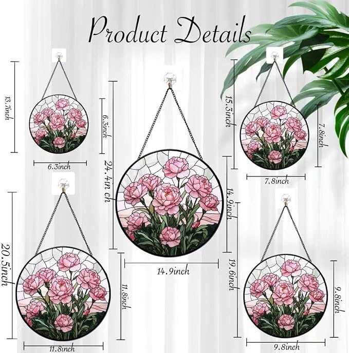 Stained Glass Window Hanging - Blooming Pink Peonies 6.3 Inches Suncatcher for Garden Home Decor for Women Mom Grandma Friends