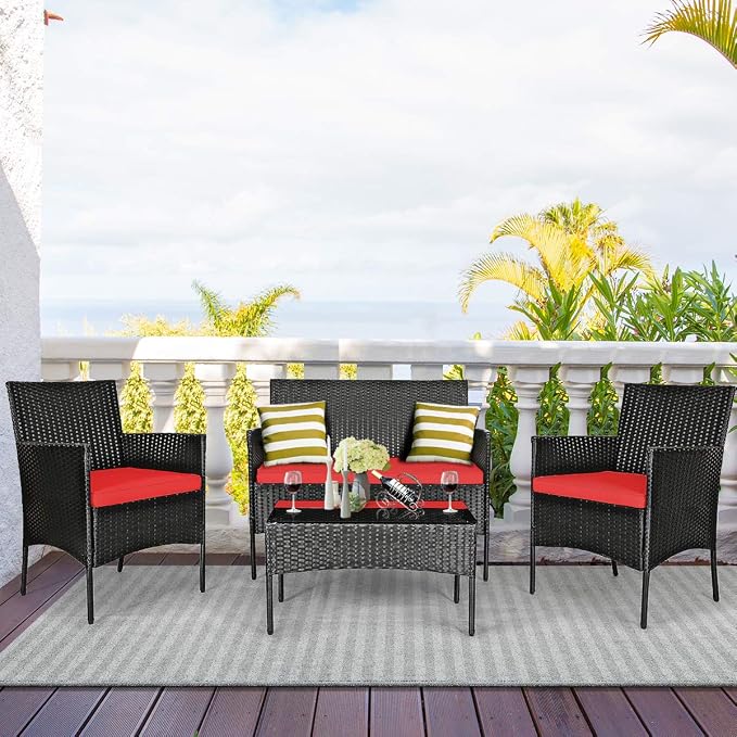 DORTALA Wicker Patio Furniture Set 8 Piece, Rattan Outdoor Table and Chairs Set with Loveseat, Cushions, All Weather Balcony Conversation Sofa Set for Porch, Backyard, Deck, Red