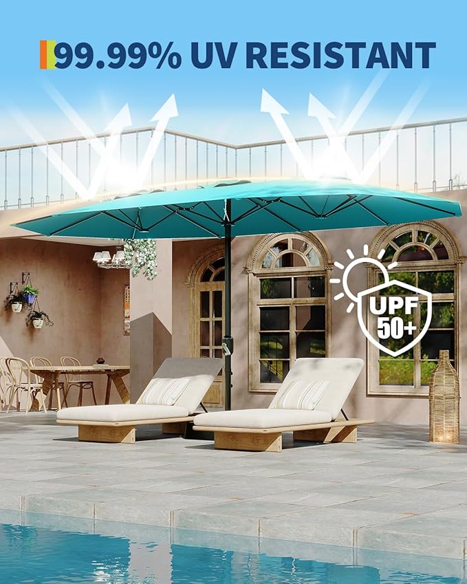GarveeLife 15 ft Large Patio Umbrella with Lights, 36 LED Lights Double-sided Patio Umbrella with Weighted Base for Poolside Garden Backyard
