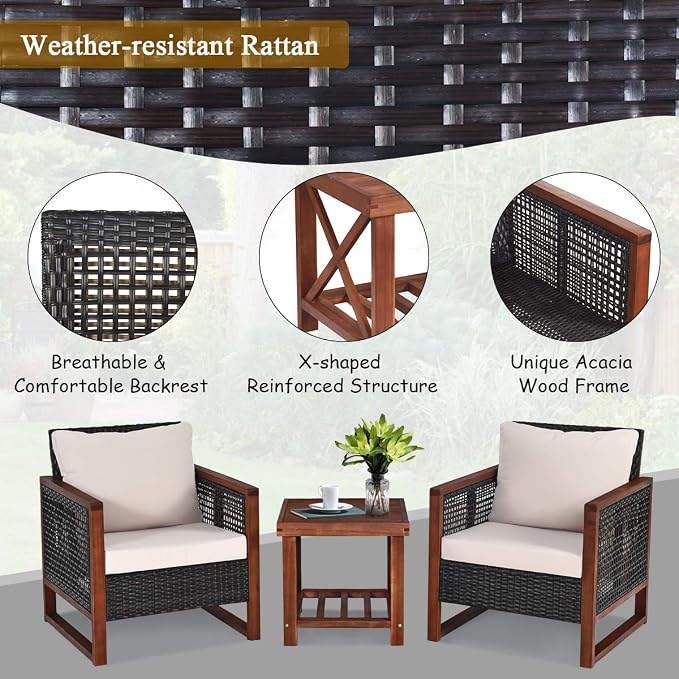 Tangkula 3 Pieces Patio Wicker Furniture Set, Rattan Outdoor Sofa Set w/Washable Cushion & Acacia Wood Coffee Table, Conversation Bistro Set for Garden Balcony Backyard (Beige)