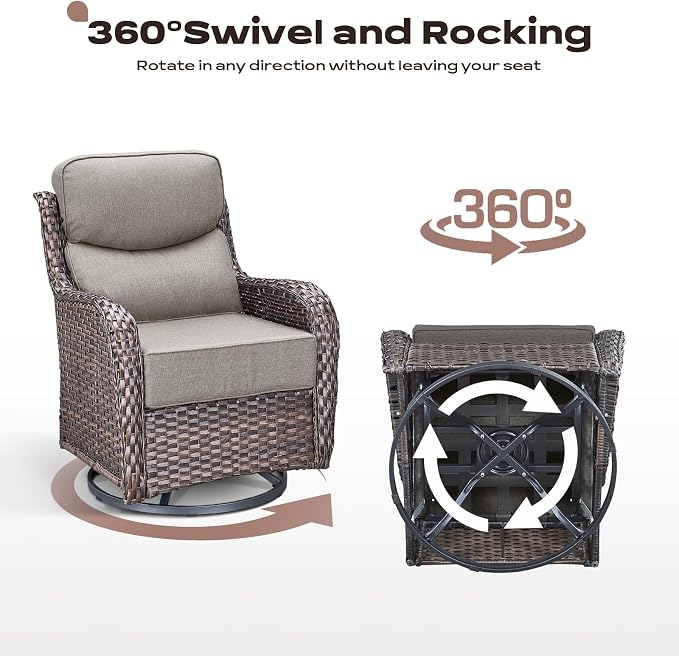 Rilyson Outdoor Swivel Rocker Chairs - All Weather Resistant Wicker Patio Furniture Set of 2 with High Back and 6 inch Thick Cushions for Deck Porch Yard and Poolside, Brown/Beige
