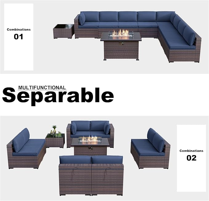 Kullavik 10 Pieces Outdoor Patio Furniture Set with 43" Gas Propane Fire Pit Table PE Wicker Rattan Sectional Sofa Patio Conversation Sets,Navy Blue