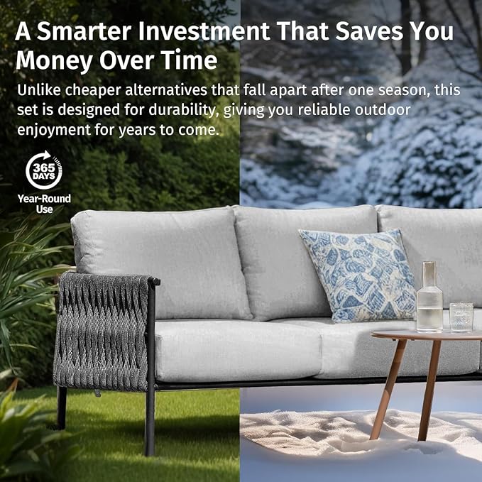 East Oak Life Chatter Outdoor Patio Furniture | Outdoor Sofa 3 Seats with Waterproof Thick Cushions | Deep Seating Modern Patio Sofa for Garden, Porch, Balcony & Backyard | Misty Grey
