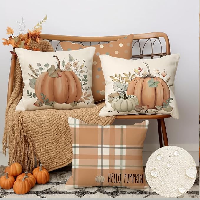 Fall Outdoor Pillow Covers Waterproof 20x20 Set of 4,Pumpkin Thanksgiving | Eucalyptus Autumn Fall Decorations for Home Porch,No Insert,Durable Polyester,Fit 20x20 inch Inserts or Smaller