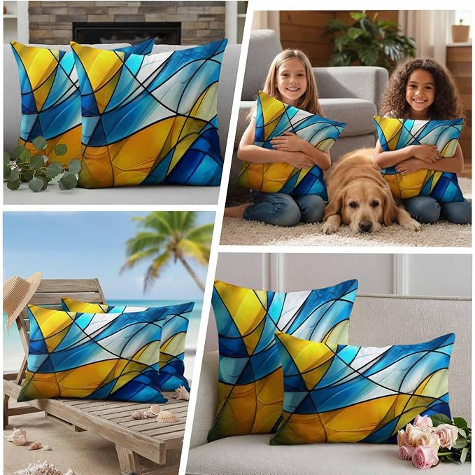 Abstract Art Outdoor Waterproof Pillow Covers Set of 2, Blue Yellow Gradient Wavy Lines Geometric Modern Pillowcase Decorative Throw Cushion Cases for Patio Garden Couch 20 x 12 Inches