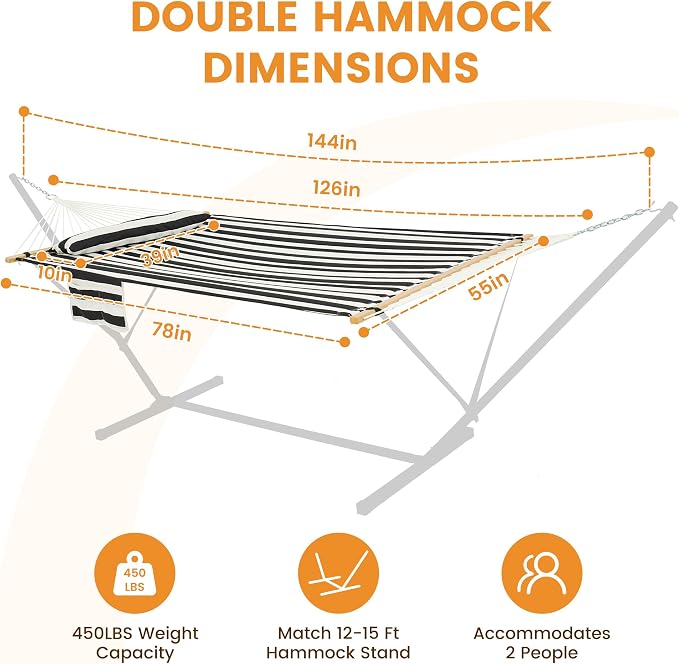 Lazy Daze Hammocks 10.5FT 2 Person Double Quilted Fabric Hammock with Spreader Bar, Detachable Pillow, Side Pocket, Carabiners, Chains, Straps for Outdoor, 450lbs Capacity, Black White Stripes