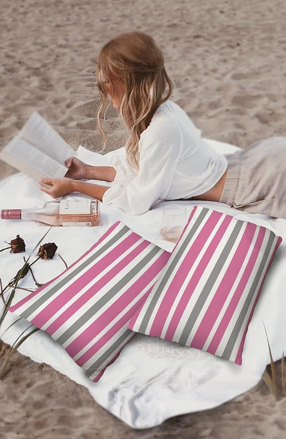Outdoor Waterproof Pillow Covers for Patio Furniture Pink Grey and White Stripes Decorative Throw Pillow Cover Farmhouse Stripe Pillowcases Set of 2 Cushion Case for Sofa Couch Chair 20 x 12 In