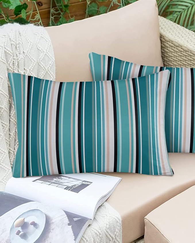 Outdoor Waterproof Pillow Covers for Patio Furniture Simple Stripe Decorative Throw Pillow Cover Geometric Pattern Pillowcases Set of 2 Cushion Case for Sofa Couch Chair Home Decor 20x12 inch
