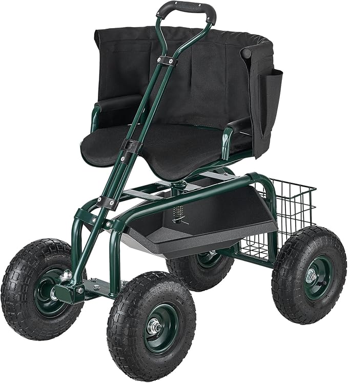 VEVOR Garden Seat with Wheels, Rolling Garden Stool with Height Adjustable & 360° Swivel Seat, 400lbs Weight Capacity, Gardening Cart Bench, Ergonomic Backrest & Tool Storage, for Yard, Patio