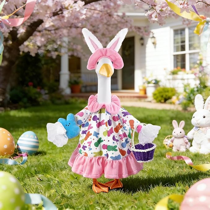 Easter Goose Outfit with Purple Basket for 23" Porch Goose Holiday Bunny Hat Costume Easter Party Outdoor Garden Patio Yard Lawn Art Decoration