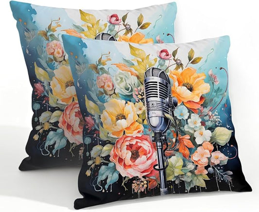 22x22 Inch Outdoor Pillow Covers Set of 2 Waterproof Throw Pillow Covers Decorative Couch Cushion Covers Microphone Floral Square Pillowcases Protectors for Patio Garden Sofa