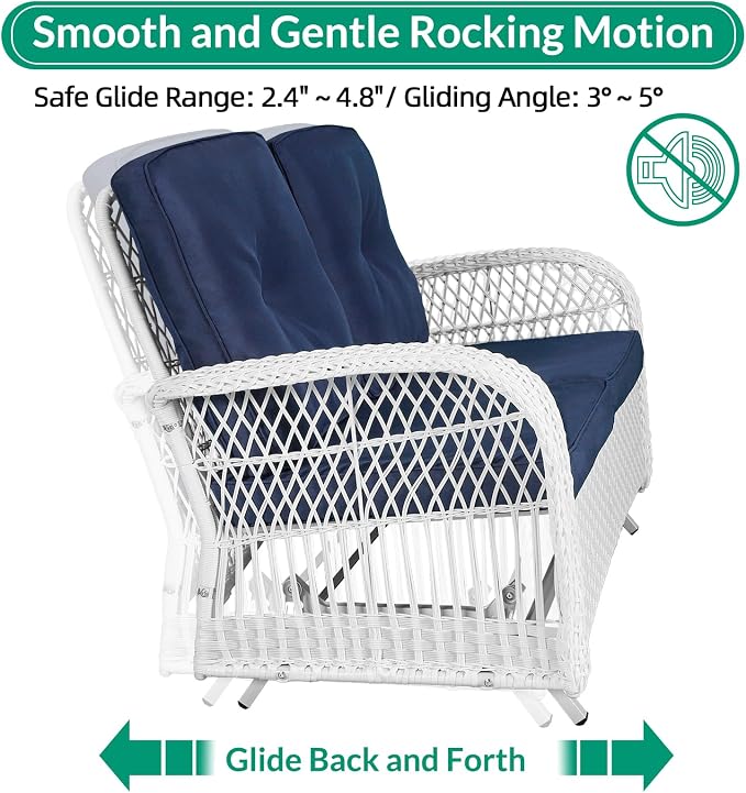 VIVIJASON 5-Piece Patio Wicker Conversation Set, All Weather Outdoor Rattan Furniture Set Includes Glider Loveseat, 2 Coffee Table, 2 Swivel-Gliders Chairs with Cushions, White/Navy Blue