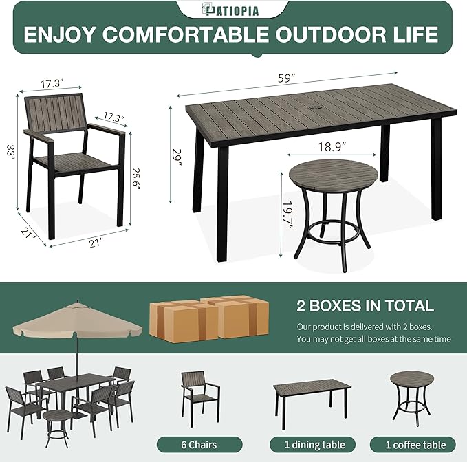 8-Piece Patio Dining Set，Aluminum Outdoor Furniture Set with Wood Table Top,Patio Table and Chairs Set with 6 Outdoor Stackable Chairs for Patio Garden Poolside，Ink