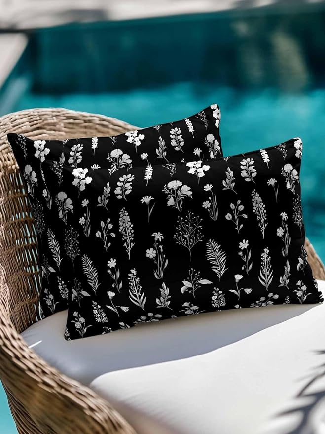 Outdoor Pillows with Inserts 12x20, Black Wildflowers Waterproof Outdoor/Indoor Throw Pillows, Farmhouse Botanical Garden Floral Decorative Pillow for Bed Couch Sofa Patio Furniture