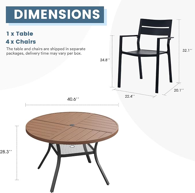 DIFY 5 Piece Outdoor Patio Dining Set for 4, 40.6" Round Dining Table with Umbrella Hole and Stackable Metal Chairs, Patio Table and Chairs Set for Backyard Garden Poolside, Walnut & Black