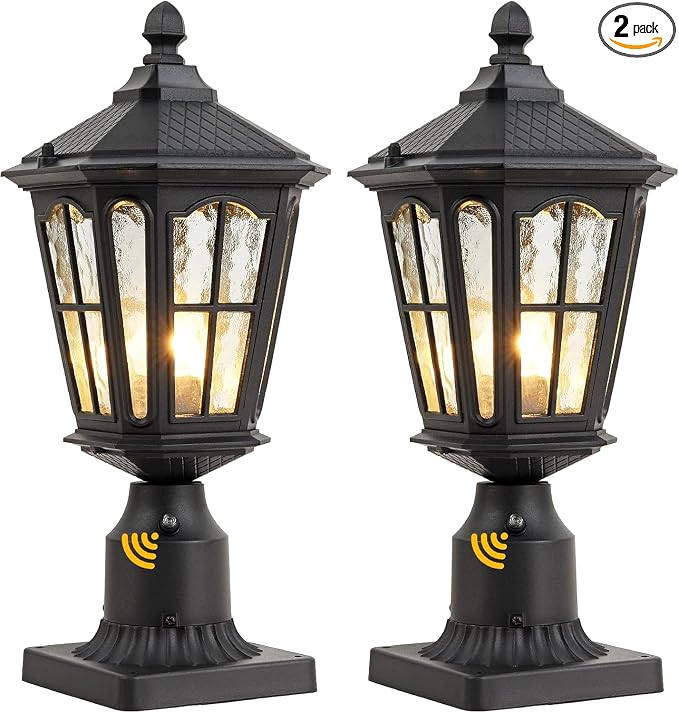 2 Pack Dusk to Dawn Post Light Outdoor, 17''H Outdoor Lamp Post Light with Pier Mount Adapter,Waterproof IP65 Classic Die Cast Aluminum with Water Ripple Glass, Matte Black